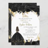 Elegant Black Gold Floral Princess SWEET 16  Invitation