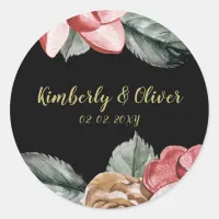 Marsala Black Floral Wedding Invitation Classic Round Sticker