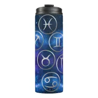 Twelve Grey Zodiac Symbols on blue galaxy | Thermal Tumbler