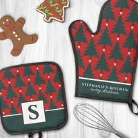 Christmas Tree Pattern Red Green Monogrammed Oven Mitt & Pot Holder Set