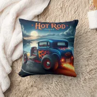 Hot rod cruising by the lakeside throw pillow