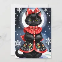 Black Cat in Christmas Holly Outfit Holiday Card