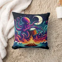 Octopus Playing Drum by Campfire Under Moonlight Throw Pillow