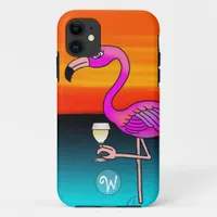 Pink Wine drinking Flamingo Monogrammed iPhone 11 Case