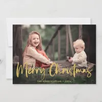 Christmas Plaid Gold Foil Script Holiday Photo