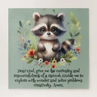 Raccoon Woodland Kids Christian Prayer on Blue | Jigsaw Puzzle