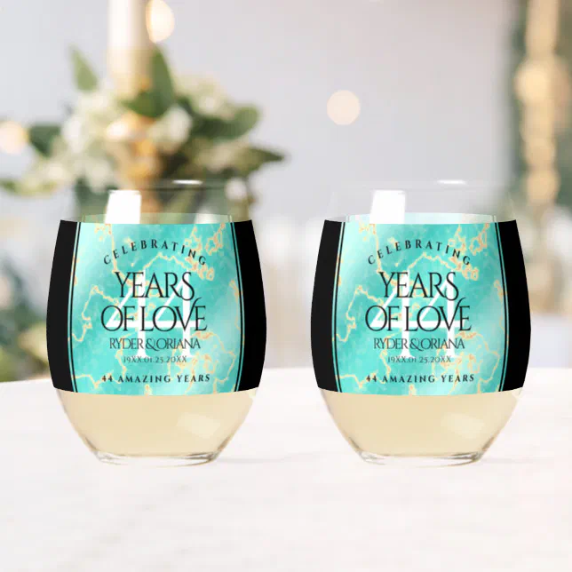 Elegant 44th Turquoise Wedding Anniversary Stemless Wine Glass