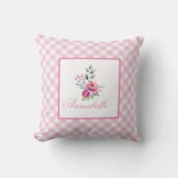 Pink Check and Roses Square Throw Pillow