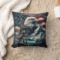 Bald Eagle Perched on Branch by Mountains and Flag Throw Pillow