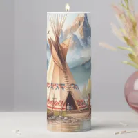 Traditional Native Indian Teepee Nature Scene Digi Pillar Candle