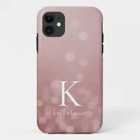 Chic Rose Gold Champagne Sparkle Bokeh Monogram iPhone 11 Case