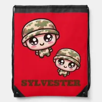 Cute Kawaii Army Camouflage Monogram on Red | Drawstring Bag