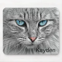 Personalized Gray Cat with Blue Eyes Mouse Pad