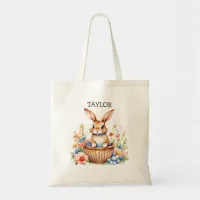 Personalized Easter Bunny Sitting in Basket Tote Bag