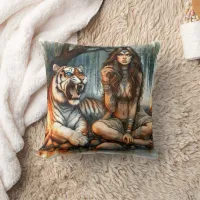 Native American Woman Sitting With Tiger By Water Throw Pillow