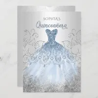 Silver Dusty Blue Sparkle Dress Quincea&#241;era Quince Invitation