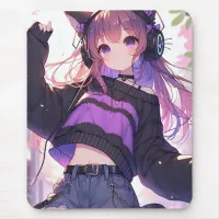 Pretty Anime Girl in Headphones with Cat Ears Mouse Pad