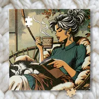 Cozy Lady Reading with Coffee and Cat Jigsaw Puzzle