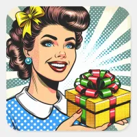 Retro Woman Holding a Birthday or Christmas Gift Square Sticker