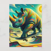 Funny Surreal Rhino Skateboarding Postcard