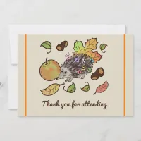 Cute hand drawn hedgehog in fall with leaves thank you card