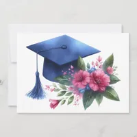 Feminine Blue Graduation Cap and Pink Flowers Thank You Card