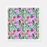 Pink, Purple, Green Watercolor Flowers Napkins