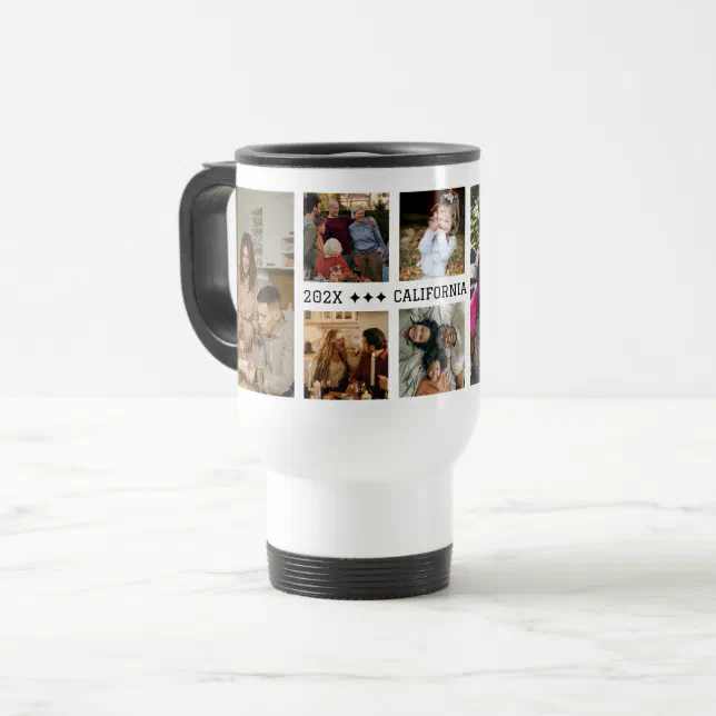 Family Photo Collage with 7 Photos and Custom Text Travel Mug