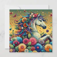 Pretty Whimsical Colorful Flowers and White Horse