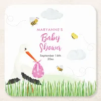 Rustic Stork with Bee & Butterfly Girl Baby Shower Square Paper Coaster