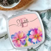 Botanical Watercolor colorful monogrammed Flower Compact Mirror