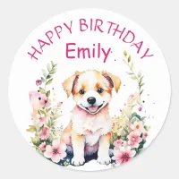 Puppy Dog in Flowers Girl's Birthday Party  Classic Round Sticker