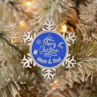 Mom and Dad Merry Christmas Silver on Blue | Snowflake Pewter Christmas Ornament