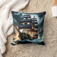 Pirate Ship Sailing Through Stormy Waters at Dusk Throw Pillow