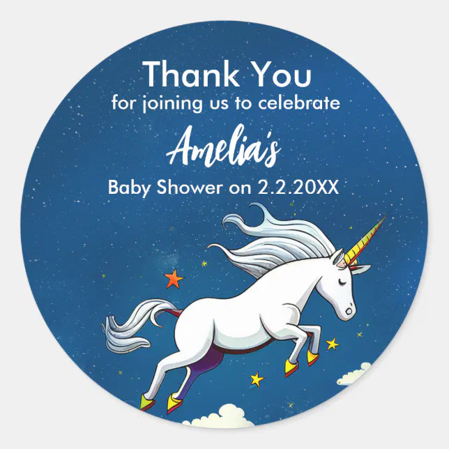 Cute Unicorn Flying Across The Sky | Baby Shower Classic Round Sticker