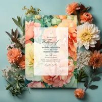 Peach, Cream, and Seafoam Green Floral Wedding Invitation