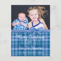 Personalized Blue Plaid Photo Christmas Card