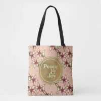 Peace & Joy, Pink Green Gold Christmas Tote Bag