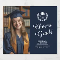  Navy Blue Cheers to the Grad Photo Laurel Wreath Beer Bottle Label