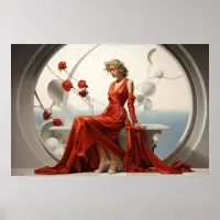 Lady in a red dress in a white room painting