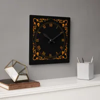 Pumpkin Orange Halloween Magic Border with Skulls Square Wall Clock