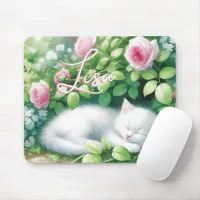 Personalized Sweet White Kitten Napping Mouse Pad