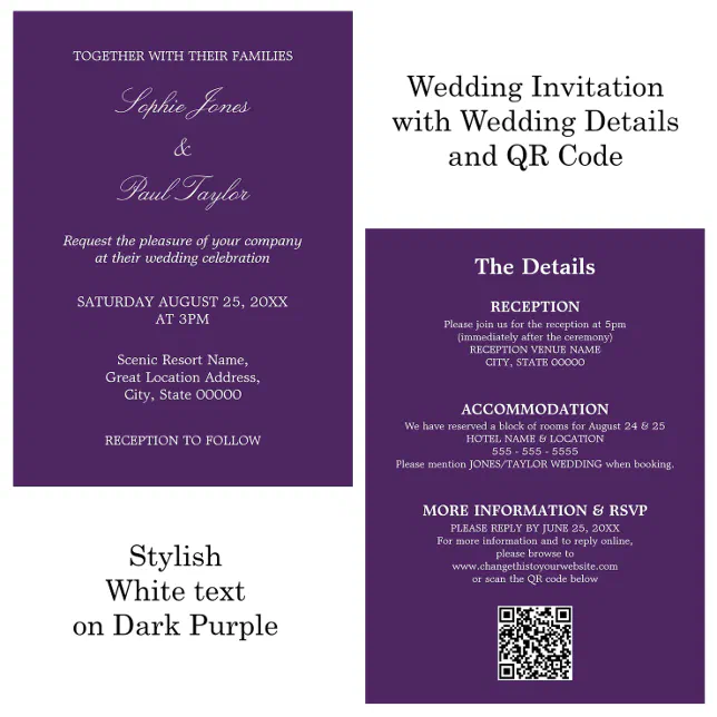 Dark Purple Wedding QR Code RSVP Invitation