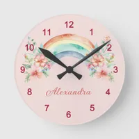 Pretty Watercolor Flowers and Rainbow Round Clock