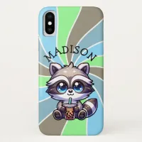 Cute Kawaii Raccoon with Bubble Tea Personalized iPhone XS Case