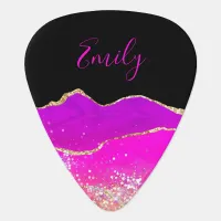 Coral Hot Pink Violet Agate Holo Glitter Black Guitar Pick