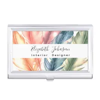 Colorful Watercolor Feathers Black Script Name Business Card Case