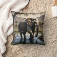 Majestic Elephant Wading in Serene Water at Dawn Throw Pillow