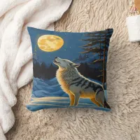 Wolf Howling Under Full Moon in Winter Landscape Throw Pillow