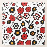 Cute Red, Black and White Flower Pattern Glass Coaster